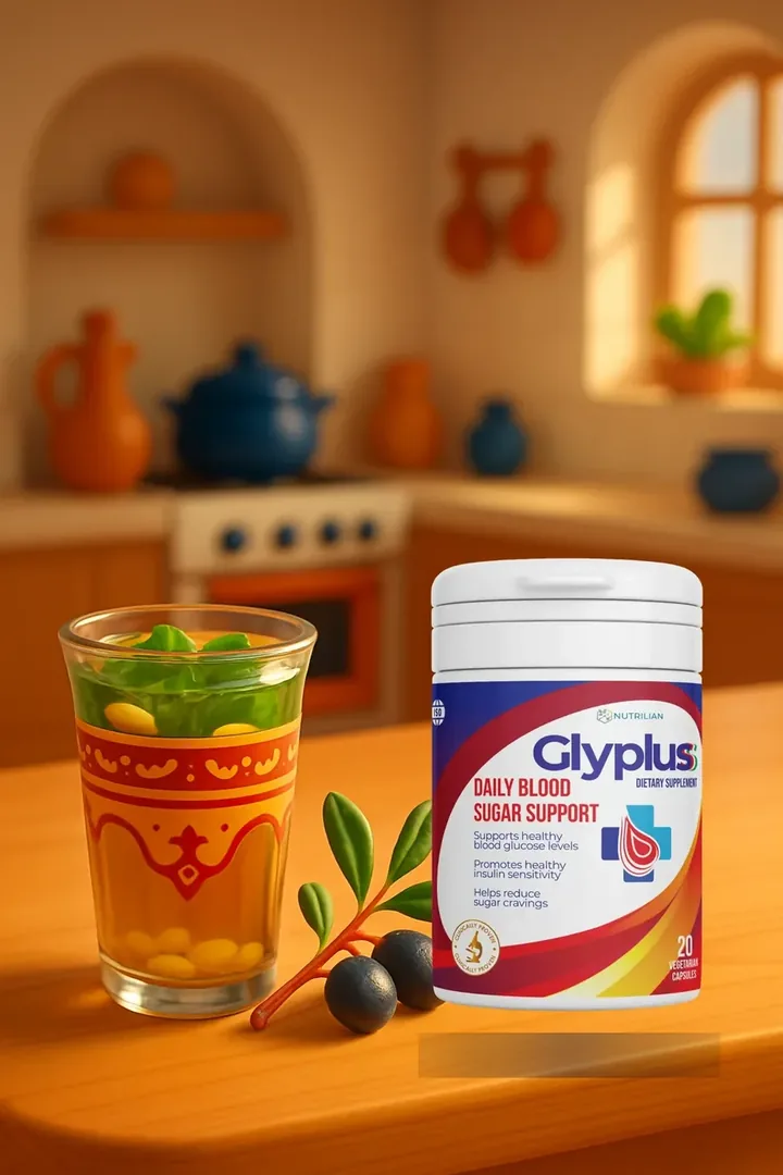عبوة غلاي بلس Glyplus الأصلية على طاولة مع شاي بالنعناع التونسي